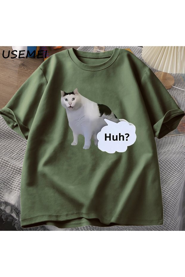 Huh Cat Funny Meme t Shirt Men Women Absurd Weirdcore T-Shirt Casual Round Neck Cotton K