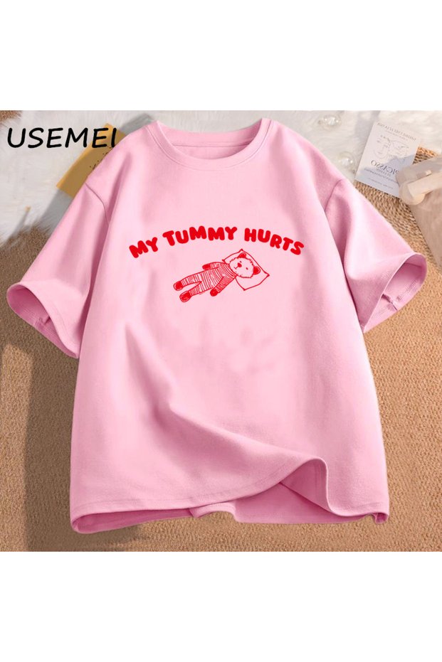 My Tummy Hurts Bear Meme Graphic t Shirt Cotton Short Sleeve T-Shirts Boy Man Clothes Funny
