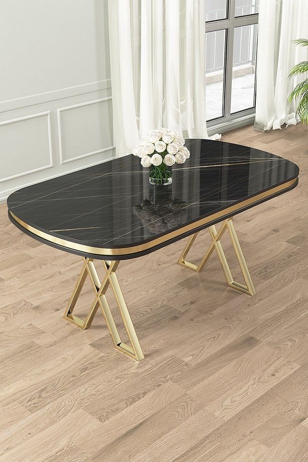 Zae Serisi 90x168 Lak Panel Siyah Mermer Desen Gold Ayak Masa Takımı 6 Siyah Sandalye - 4