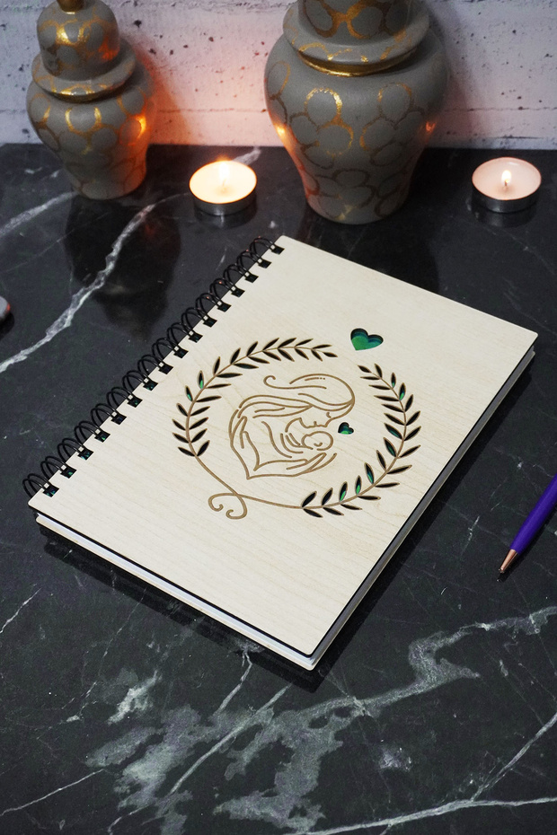 Mother Baby Themed Wooden Cover Notebook - Unlined Notebook - Baby Memory Book - A5 Memory Book