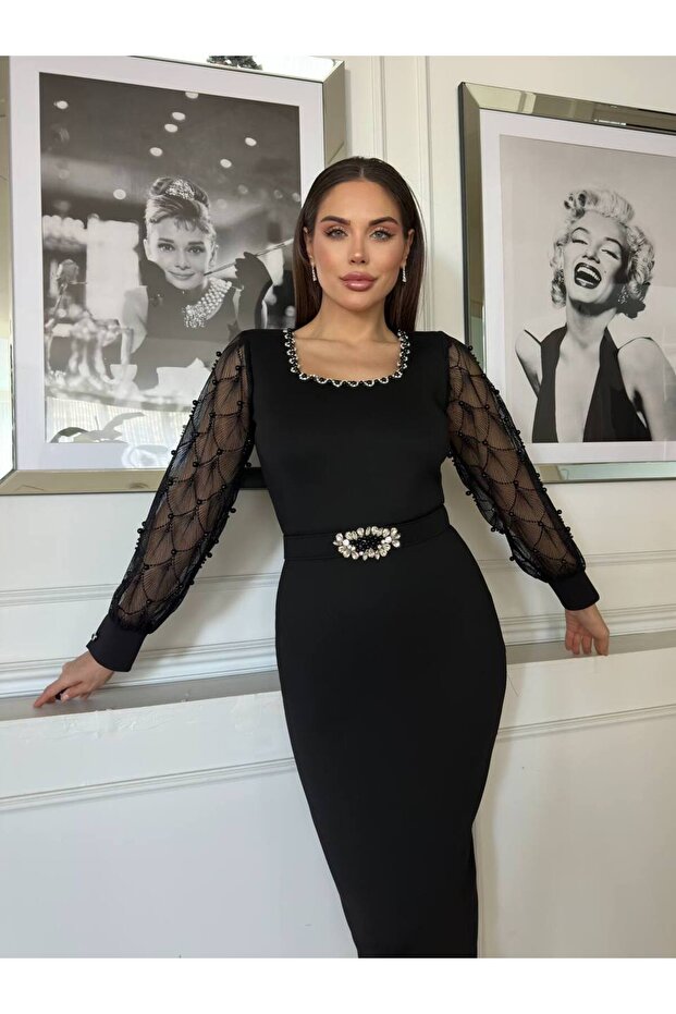 Kadın Siyah Scuba Kumaş  İnci İşlemeli Transparan Kol Detaylı Lüks Kalem Elbise - 1