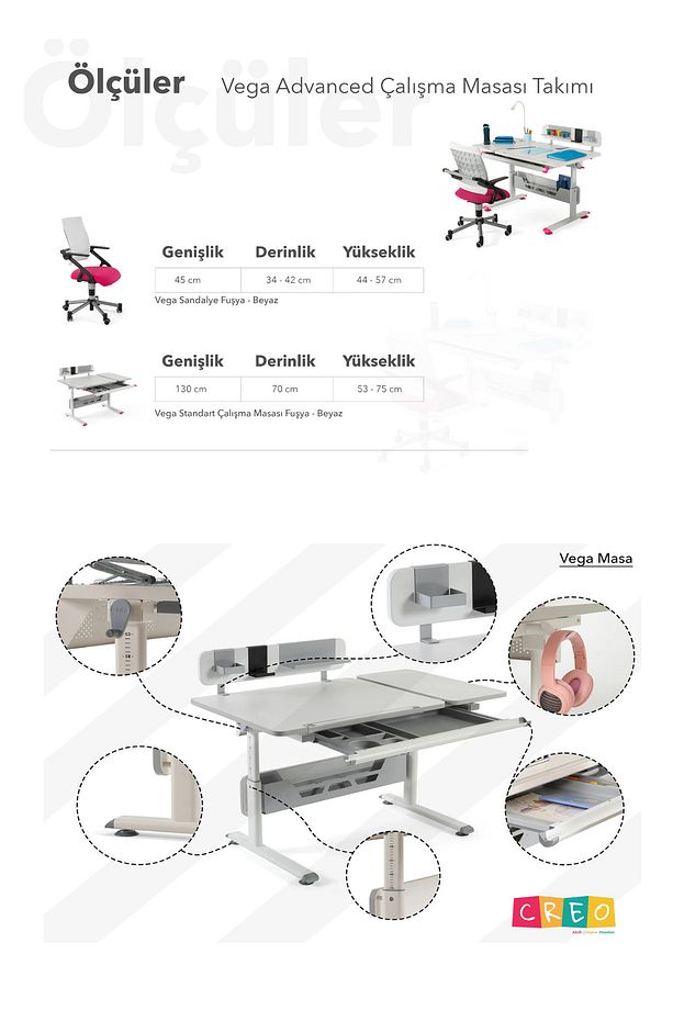 Yükseklik Ve Eğim Ayarlı, Vega Advanced Bilgisayar Ve Çalışma Masası Takımı Beyaz/fuşya - 9