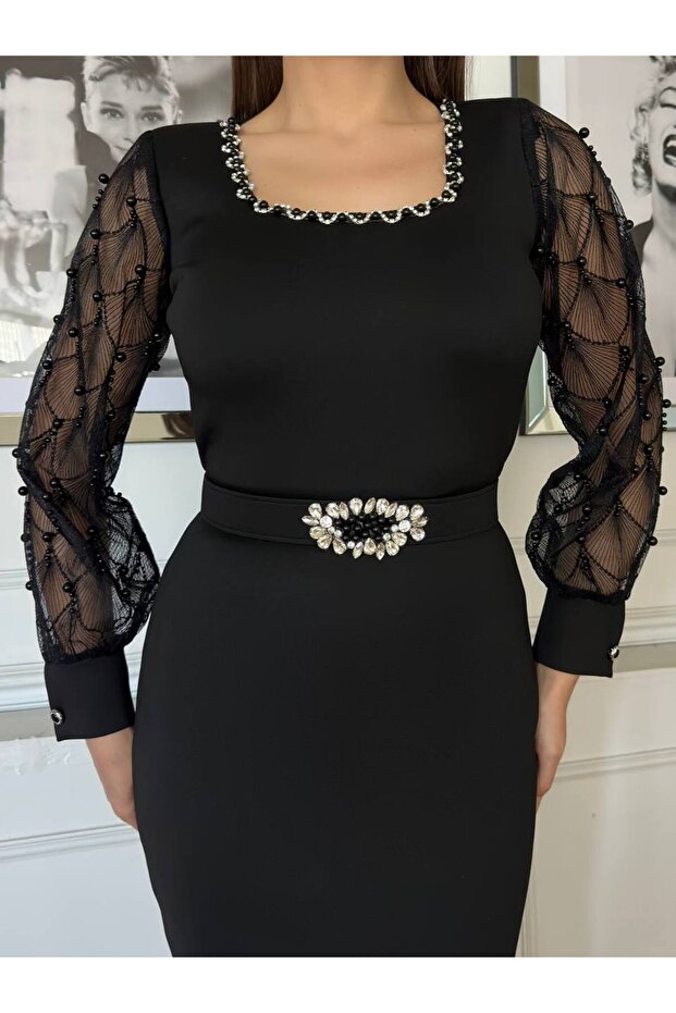 Kadın Siyah Scuba Kumaş  İnci İşlemeli Transparan Kol Detaylı Lüks Kalem Elbise - 7