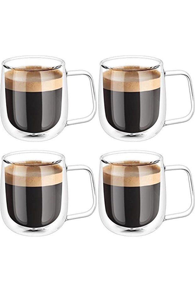 4 Adet Çift Camlı Kahve Bardağı 250 ml Latte, Cappucino Macchiato Kupa Bardak Seti - 1