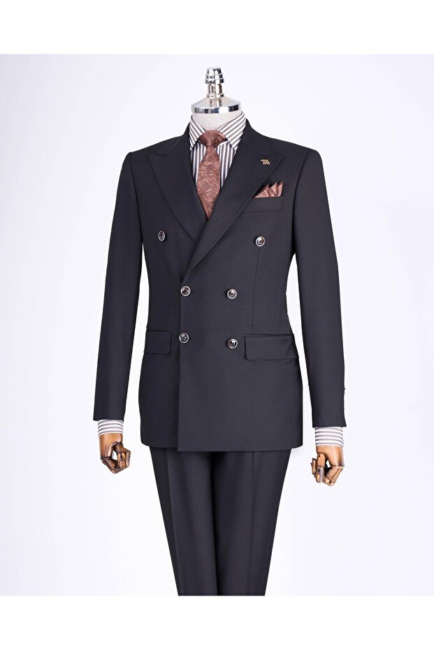 Italian Style Slim Fit Double Breasted Jacket Pants Suit Black T13524