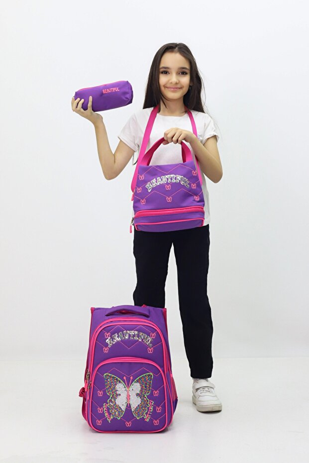 Butterfly Themed Girl's 3-Piece School Bag Set - Backpack + Thermal Lunch Box + Pen Holder