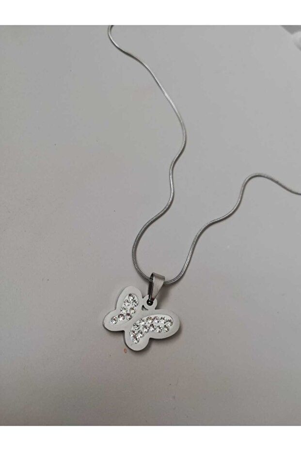 Silver Zircon Stone Butterfly Figured Steel Necklace