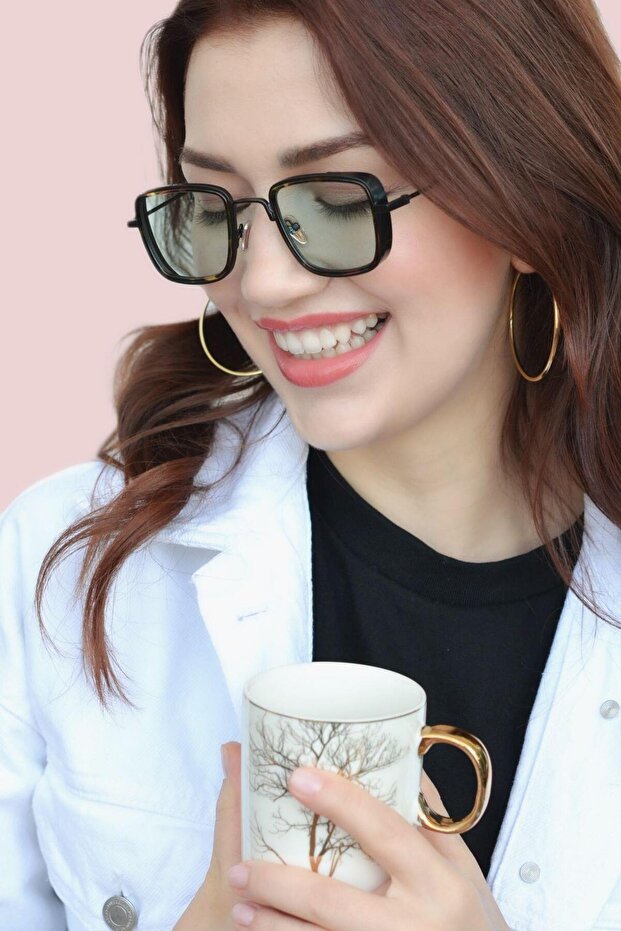 نظارة شمسية بتصميم مربع بيضاوي بنمط الفهد الأسود - زجاج أخضر فاتح