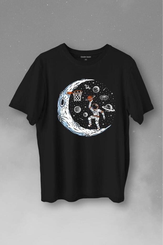 Astronaut Playing Basketball Next to Planet Saturn on the Moon in Space Printed T-Shirt Unisex T-shirt