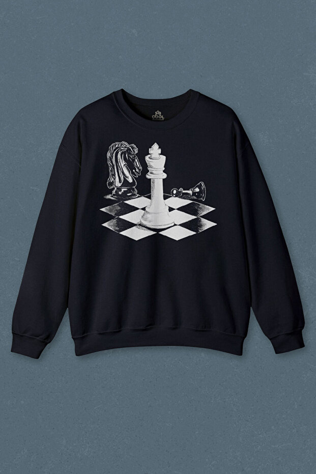 Navy Blue Sweatshirt Chess Intelligence Game Checkmate Queen Chess Chess Printed Unisex Sweat