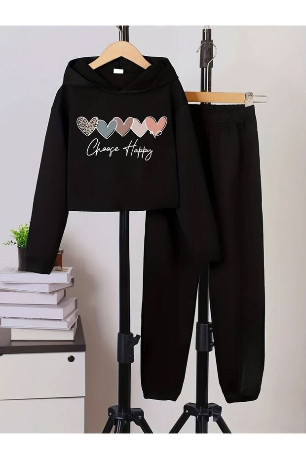 Colorful Heart Printed Hooded Crop Sweat&Elastic Bottom Girls' Tracksuit Set