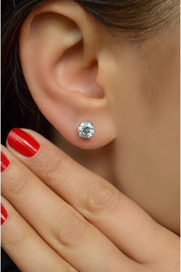 Silver Colored Solitaire Earring with 6 Mm Zircon Stone