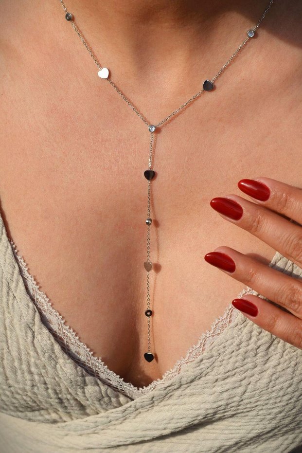 Silver Decollete Necklace with Long Chain and Heart Detail