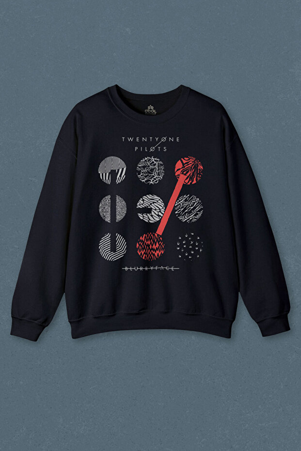 سويت شيرت أزرق داكن مطبوع عليه عبارة "Twenty One Pilots" للجنسين