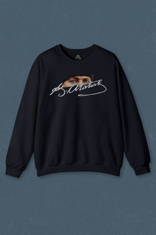 Navy Blue Sweatshirt Ataturk Signature Gazi Mustafa Kemal Signature Printed Unisex Sweat