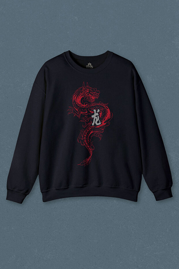 Navy Blue Sweatshirt Dragon Far East Japanese Drake Japanese Printed Unisex Sweat