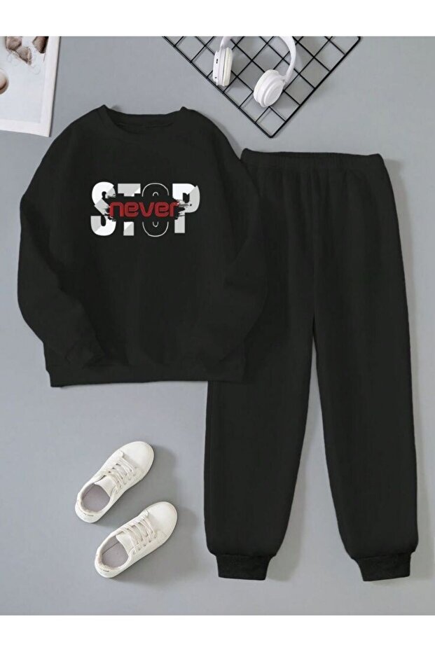 Stop-Start Printed Crew Neck Unisex Kids Tracksuit Set