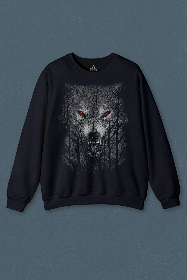 Navy Blue Sweatshirt Night Brown Wolf in the Wild Forest Burgundy Blue Eyed Wolf Navy Blue Printed Unisex Sw