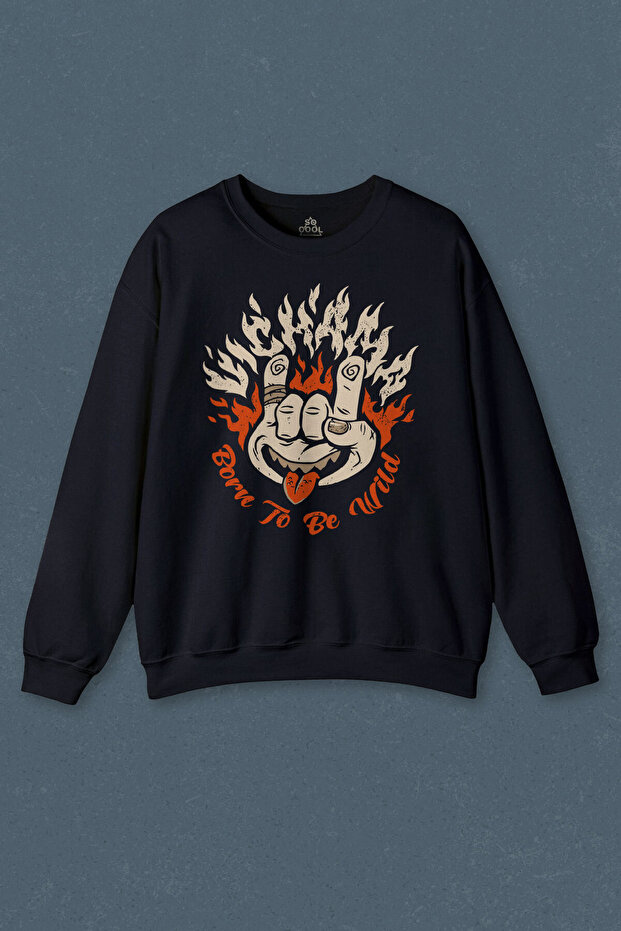 Navy Blue Sweatshirt Born To Be Wild Rock And Roll Music Printed Unisex Sweat