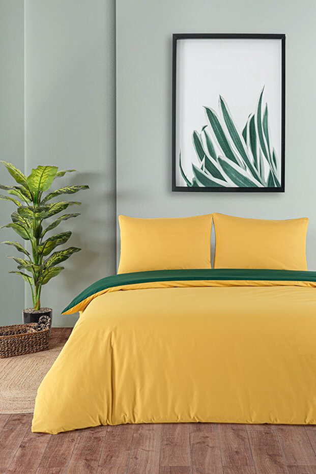100% Cotton Akfil Double-Sided Duvet Cover Set Double Size 200X220 cm Mustard Dark Green
