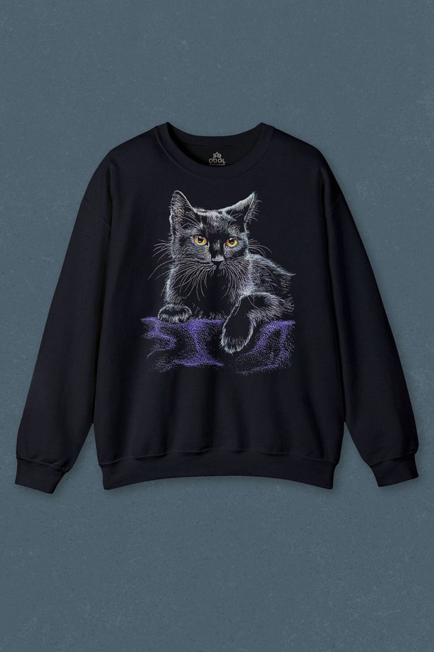 Navy Blue Sweatshirt Cute Cat Lounging on Purple Blanket Black Cat Printed Unisex Sweat