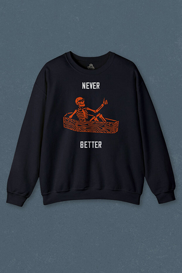 سويت شيرت أزرق داكن من نوع "Never Better Skull Skull Gothic Dark Street" مطبوع للجنسين