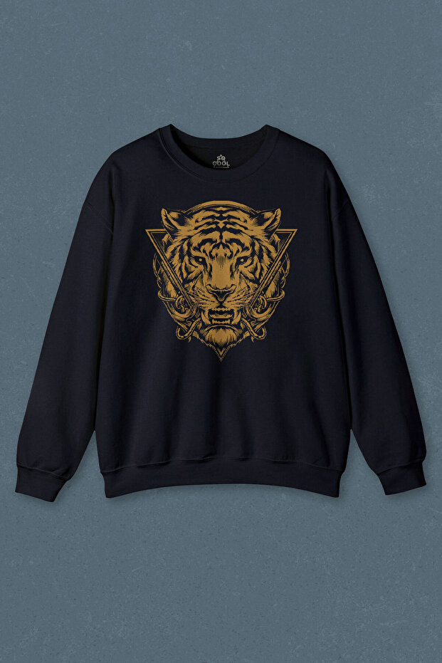 Navy Blue Sweatshirt Tiger Tiger Minimal Urban Street Wear Printed Unisex Sweat