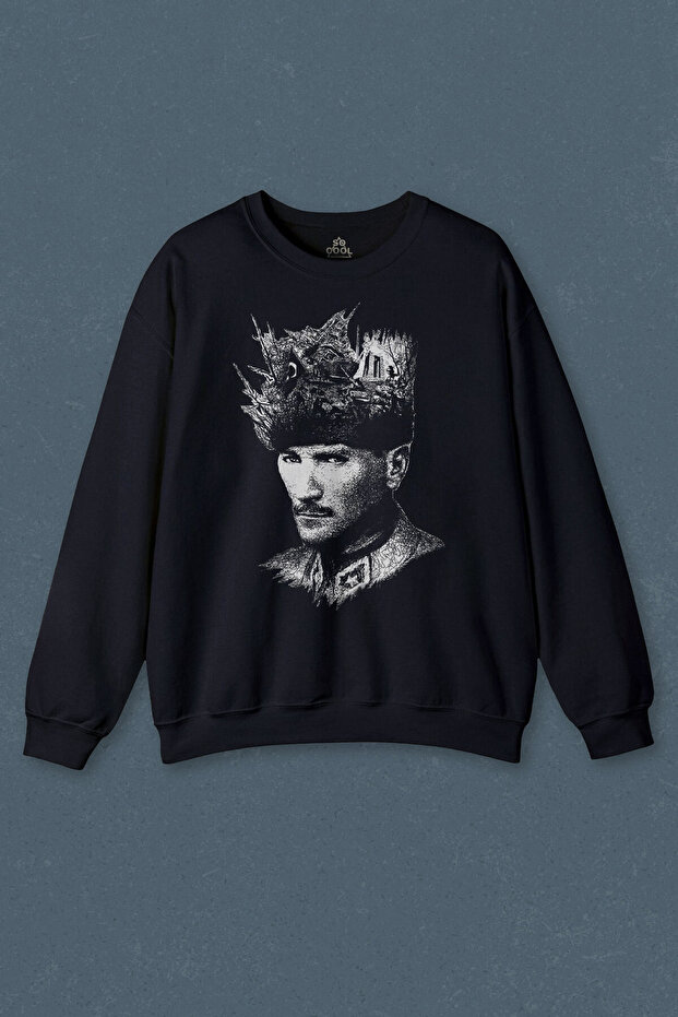 Navy Blue Sweatshirt Ataturk Çanakkale Silhouette Typography Mustafa Kemal Republic Printed Unisex Sweat