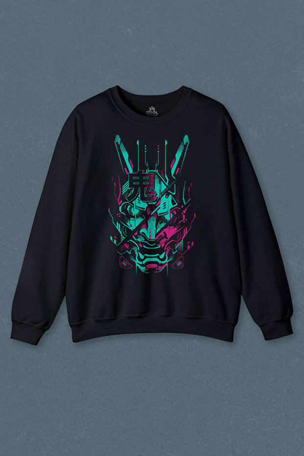 Navy Blue Sweatshirt Mask Hannya Demon Japanese Japanese Mask Oni Printed Unisex Sweat