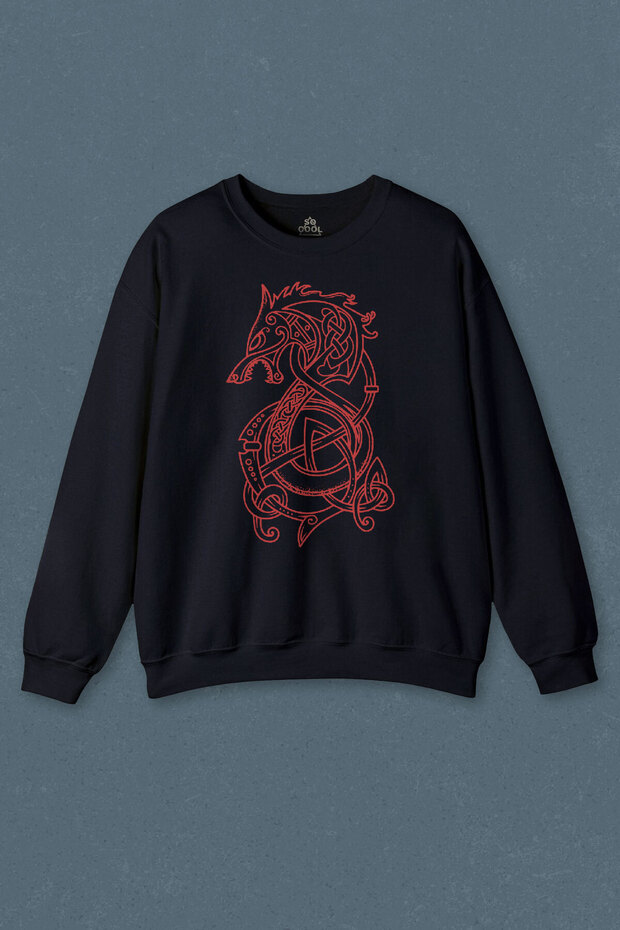 Navy Blue Sweatshirt Viking Fenrir Wolf Vikings Wolf Head Street Urban Printed Unisex Sweat