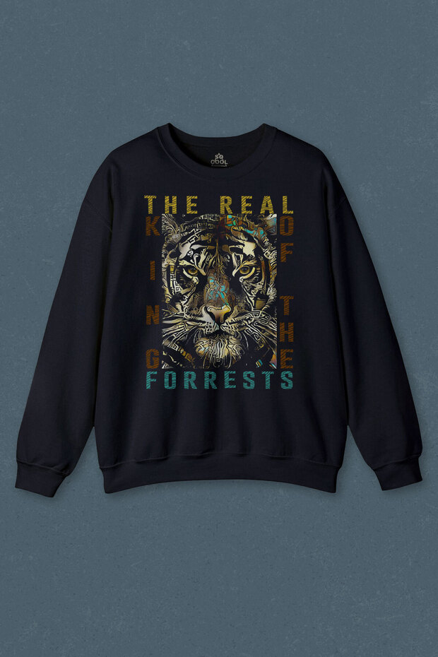 Navy Blue Sweatshirt Real King of the Jungles Wild Tiger Head Tiger Printed Unisex Sweat