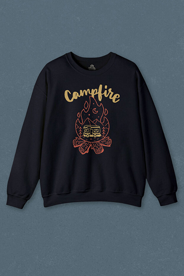 Navy Blue Sweatshirt Camping Fire Campfire Outdoor Travel Traveler Printed Unisex Sweat