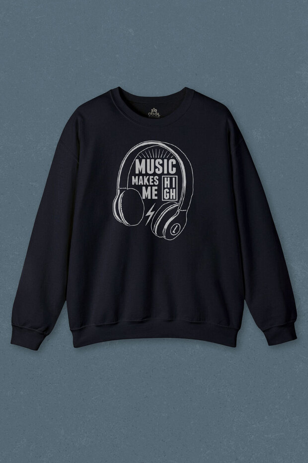 Navy Blue Sweatshirt Lost Boyz Music Makes Me High Headphones Printed Unisex Sweat