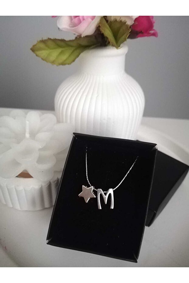 Mini Star Detailed Silver Color Letter Necklace, Initial Letter Necklace