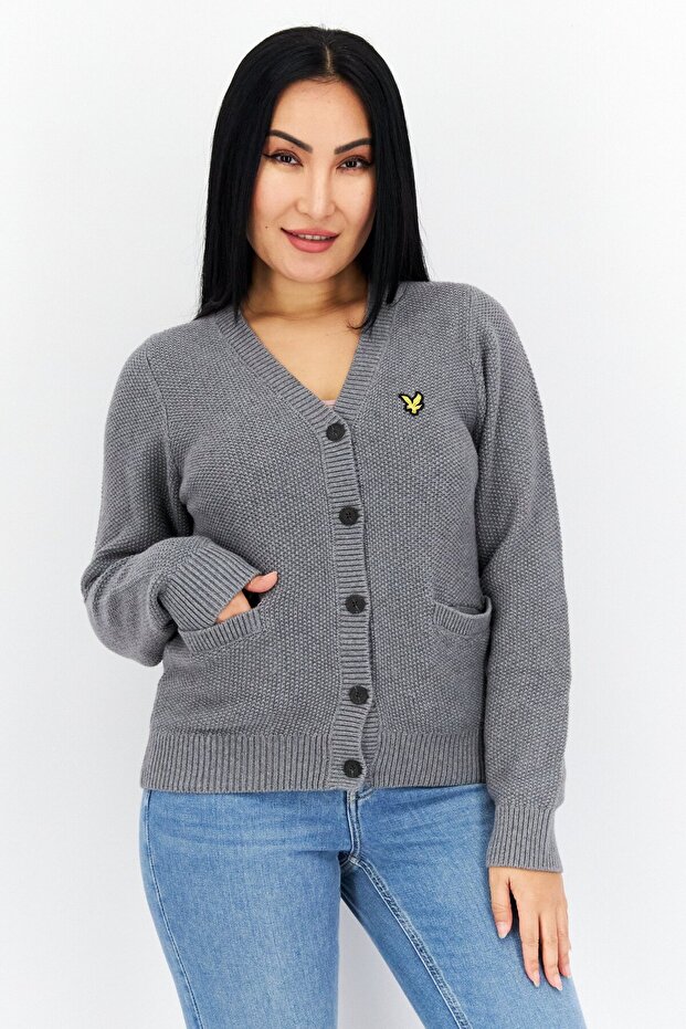 Women V-Neck Long Sleeve Embroidered Logo Cardigans, Grey