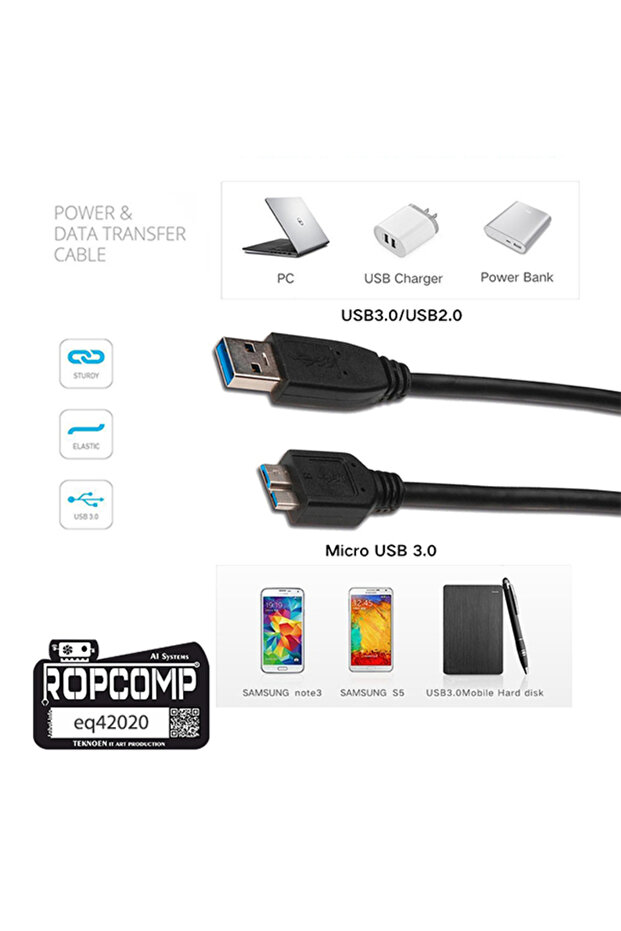 USB Micro-B Superspeed Data Kablosu USB 3.0 20cm - 5