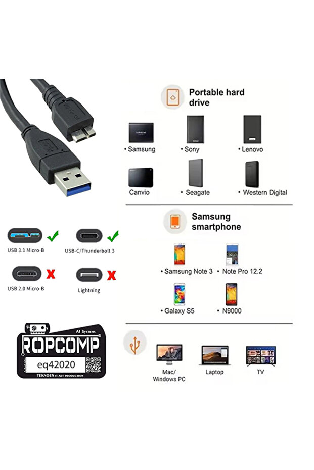 USB Micro-B Superspeed Data Kablosu USB 3.0 20cm - 3