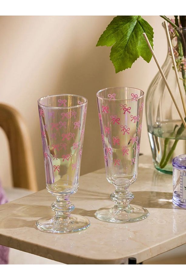 Pembe Baskılı Cam Su Bardağı 2'li 180 Ml - 2