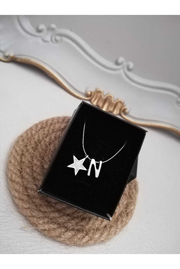 Silver Star Detailed Letter Necklace, Initial Letter Necklace