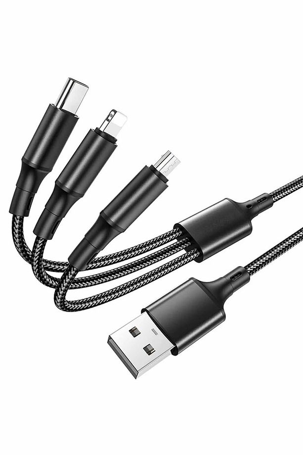 Çoklu Şarj Kablosu 3 Başlıklı Siyah | iPhone, Android, Type-C Uyumlu - 1