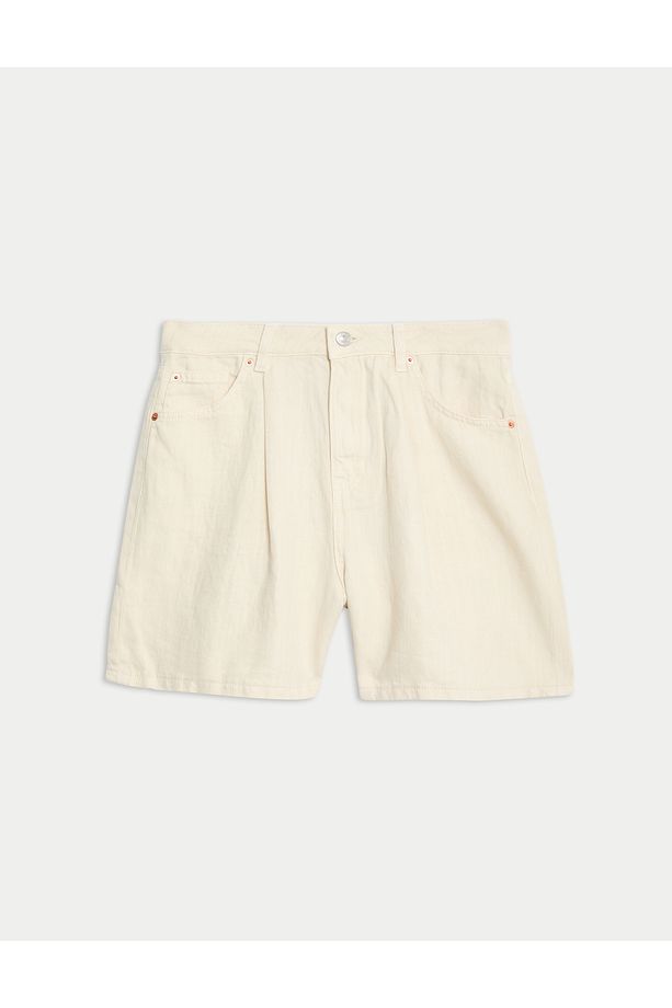 Yüksek Bel Denim Keten Şort - 5