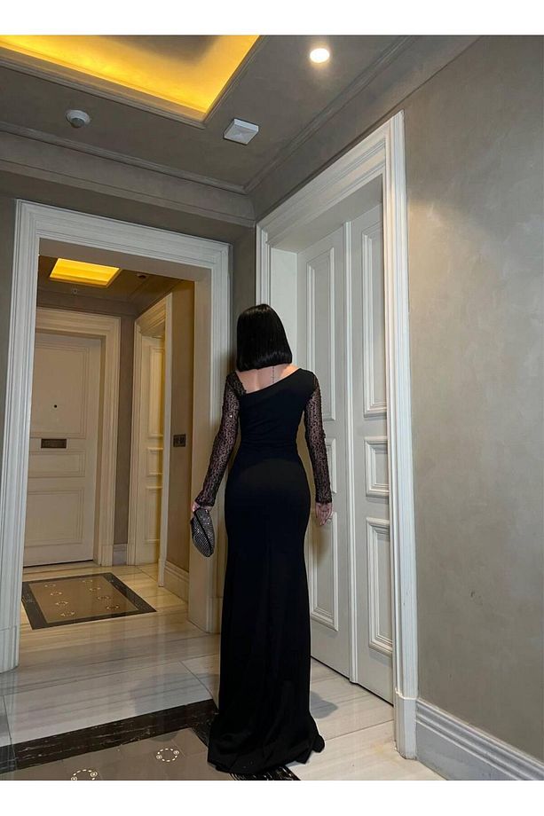Kadın Siyah Dalgıç Krep Kumaş Kolları Tül Ve Taş Detaylı Önü Drapeli Maxi Boy Abiye Elbise - 5