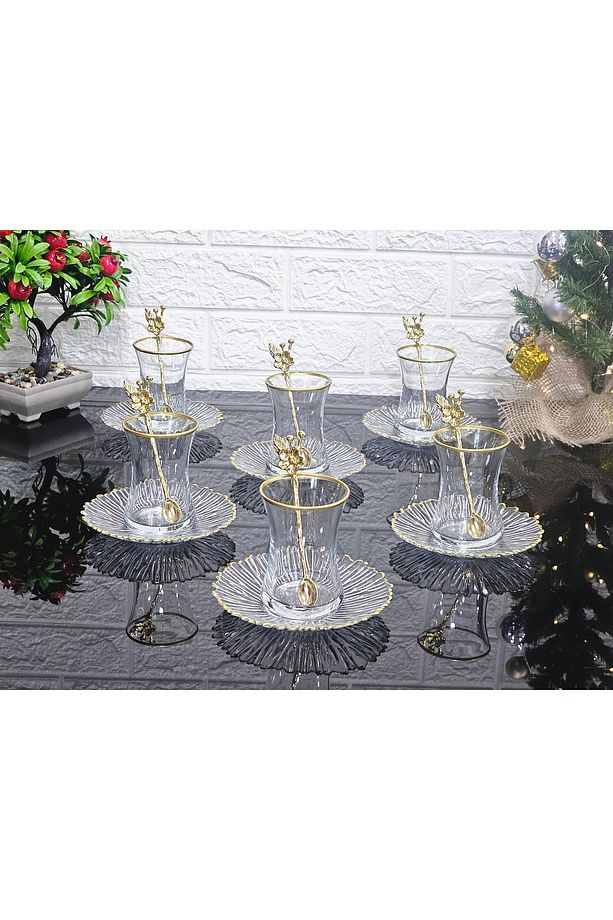 18 Parça Çay Seti Elysia Model Çay Tabaklı Japon Gülü Çay Kaşıklı 6 Bardak 6 Tabak 6 Kaşık - 6