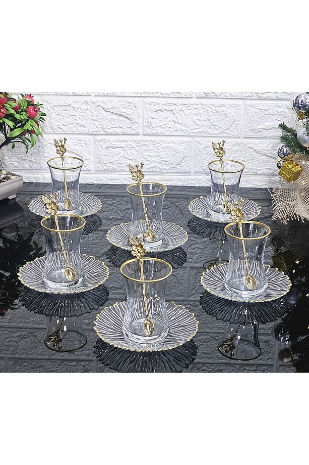 18 Parça Çay Seti Elysia Model Çay Tabaklı Japon Gülü Çay Kaşıklı 6 Bardak 6 Tabak 6 Kaşık - 2