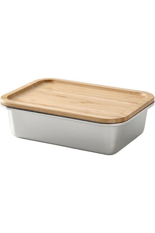 365+ 1 Lt Bamboo Steel 21x15x7 Cm Vacuum Rectangular Stainless Steel Storage Container with Bamboo Lid