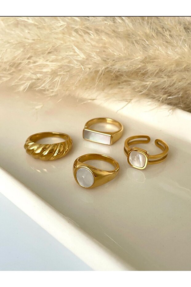 خاتم مستطيل من الفولاذ الذهبي مع حجر اللؤلؤ - 3