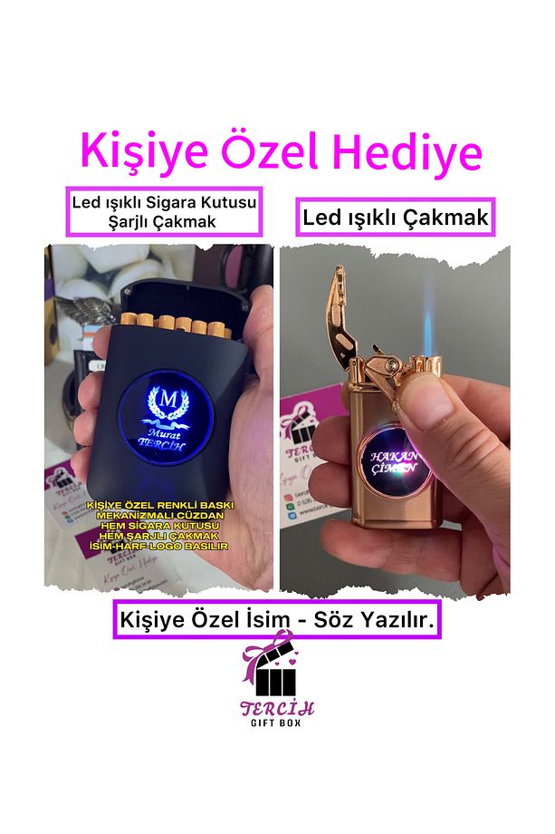 Kişiye Özel sigara kutusu şarjlı çakmak + Led ışıklı turbo çakmak isim yazılır - 1