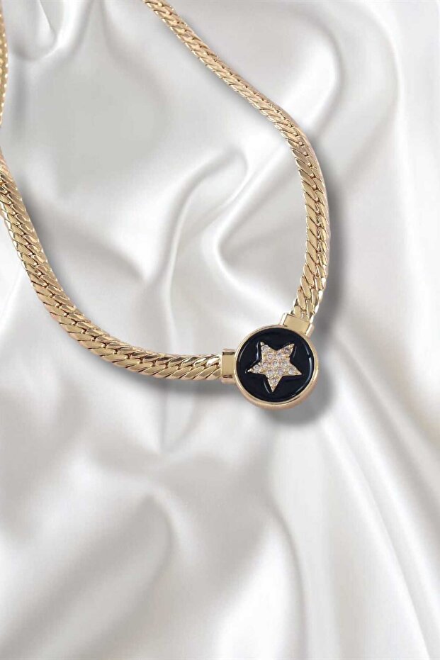 Serenay necklace with black enamel, star model, gold color, rice and zircon stone chain