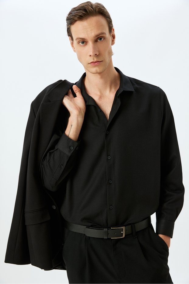 Long Sleeve Cotton Blended Half Italian Neckline Slim Fit Shirt