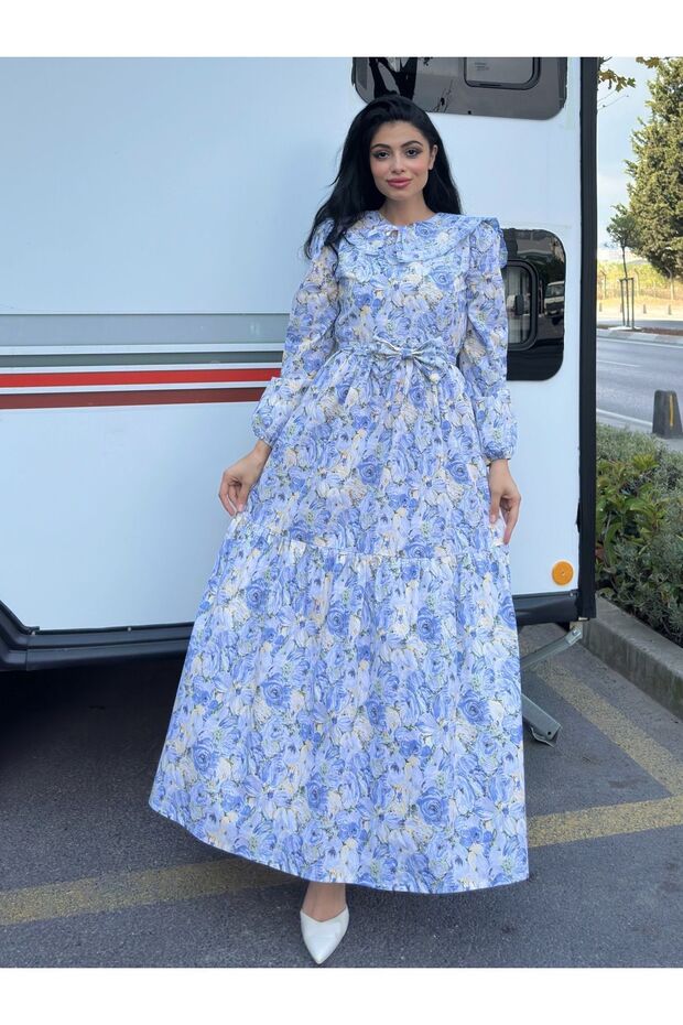 Blue Soft Floral Layered Dress with Hijab Mobile Collar